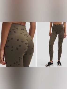 Lululemon Wunder Train High Rise Leggings Floral Olive Green Size 2